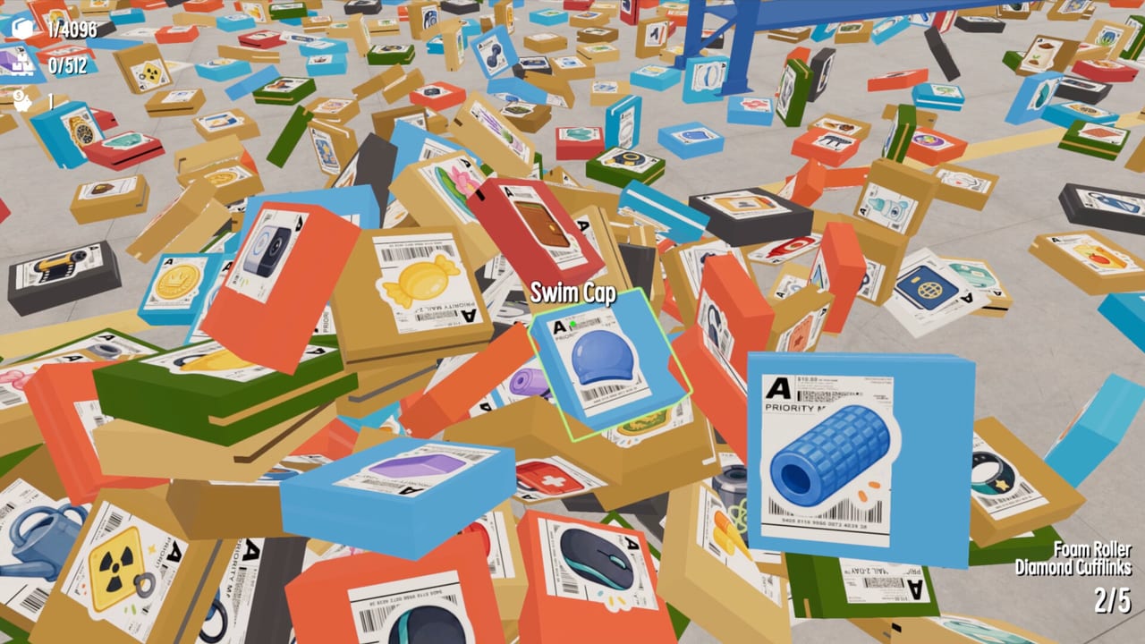 First-person view of the Package Chaos warehouse with scattered cardboard packages on the floor